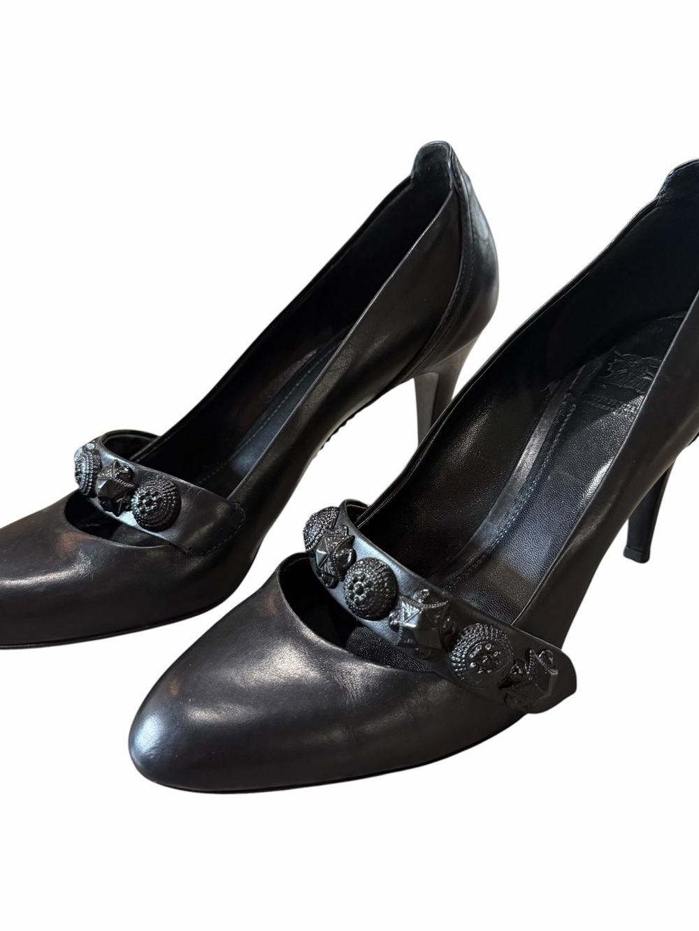 Burberry Mary Jane Pumps Size 39 Black Leather Embellished Designer Classic - Picture 2 of 11